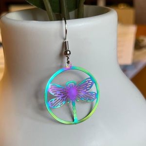 Dragonfly earrings made by my teen. 💓Stainless steel rainbow